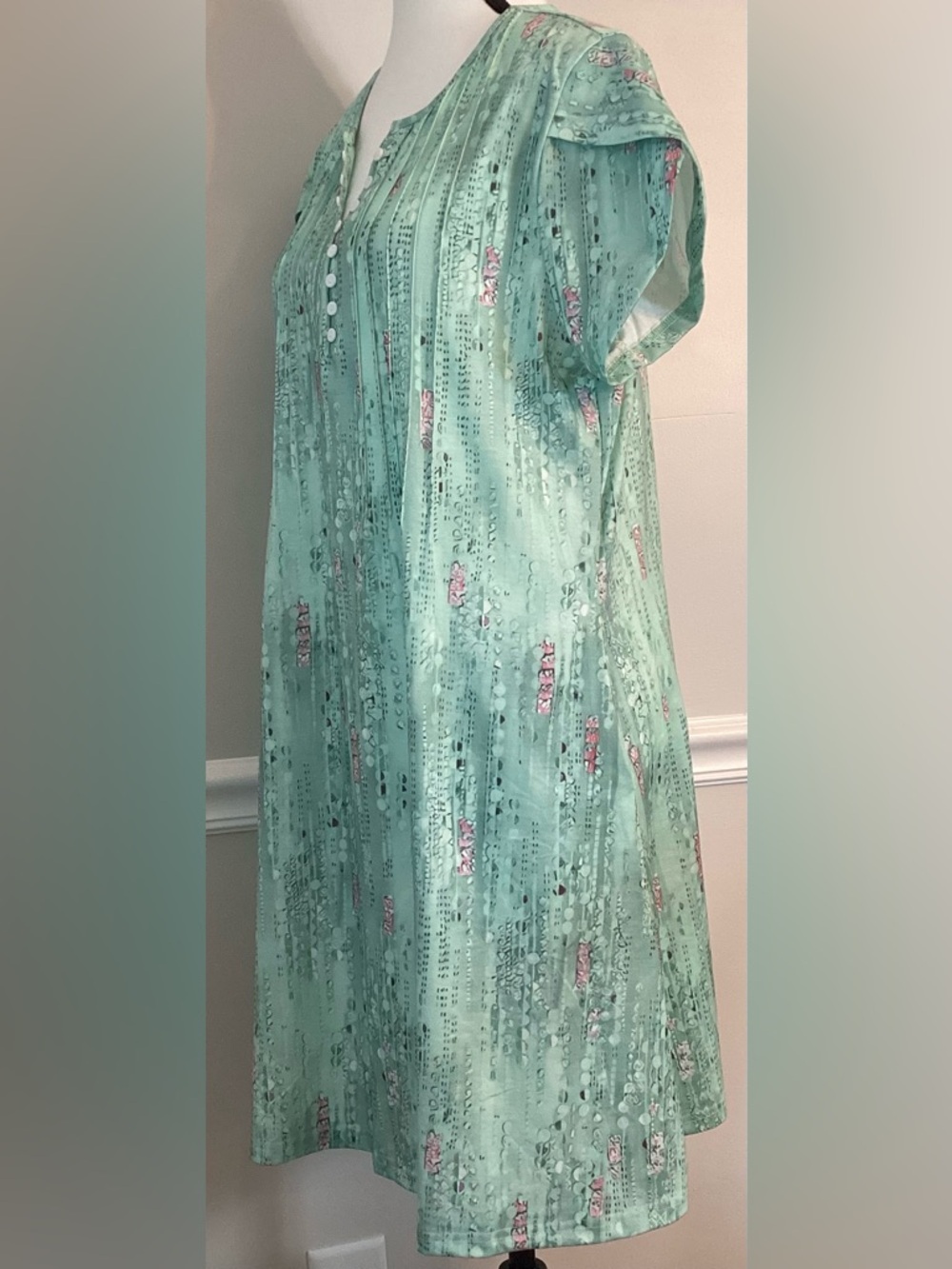 Short Sleeved Henley Neck Cap Sleeve Mint Green Summer Mini Dress Shift Large - Picture 2 of 7